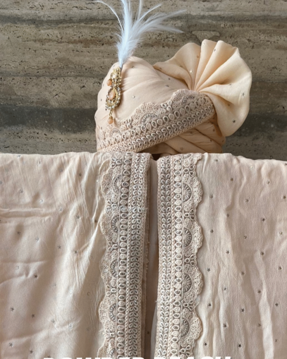 Champagne Peach Embroidered Feta Groom Safa Pagdi Turban with Feather | Traditional Indian Wedding Accessory