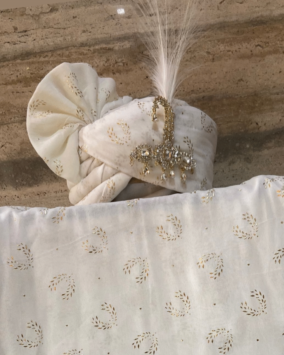 Ivory Zari Feta Groom Safa Pagdi Turban with Brooch & Feather | Traditional Indian Wedding Accessory