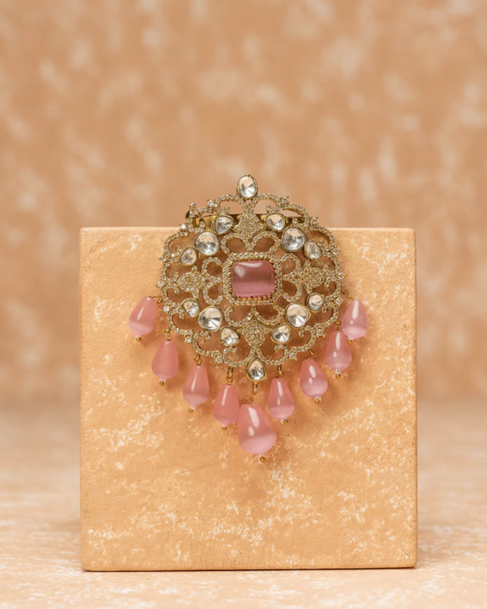 Safawala Pink Crystal Drop Designer Brooches | Groom Turban Pagdi Sherwani Wedding Accessory