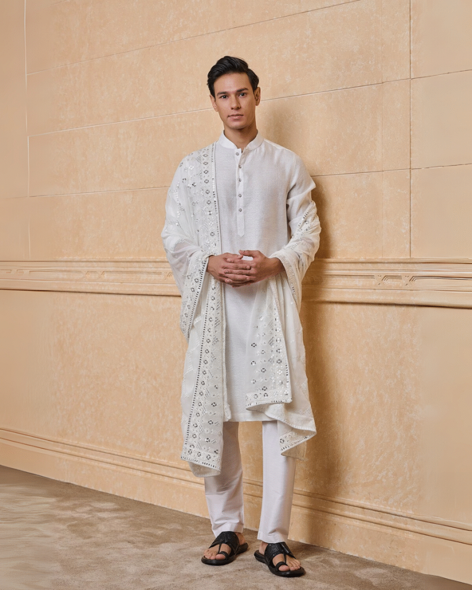 Safawala White Embroidered Dupatta & Stole | Groom Wedding Festive Accessory