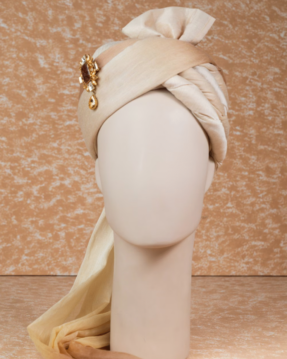 Ivory Royale Feta Wedding Groom Safa Pagdi Turban with Brooch | Traditional Indian Wedding Accessory