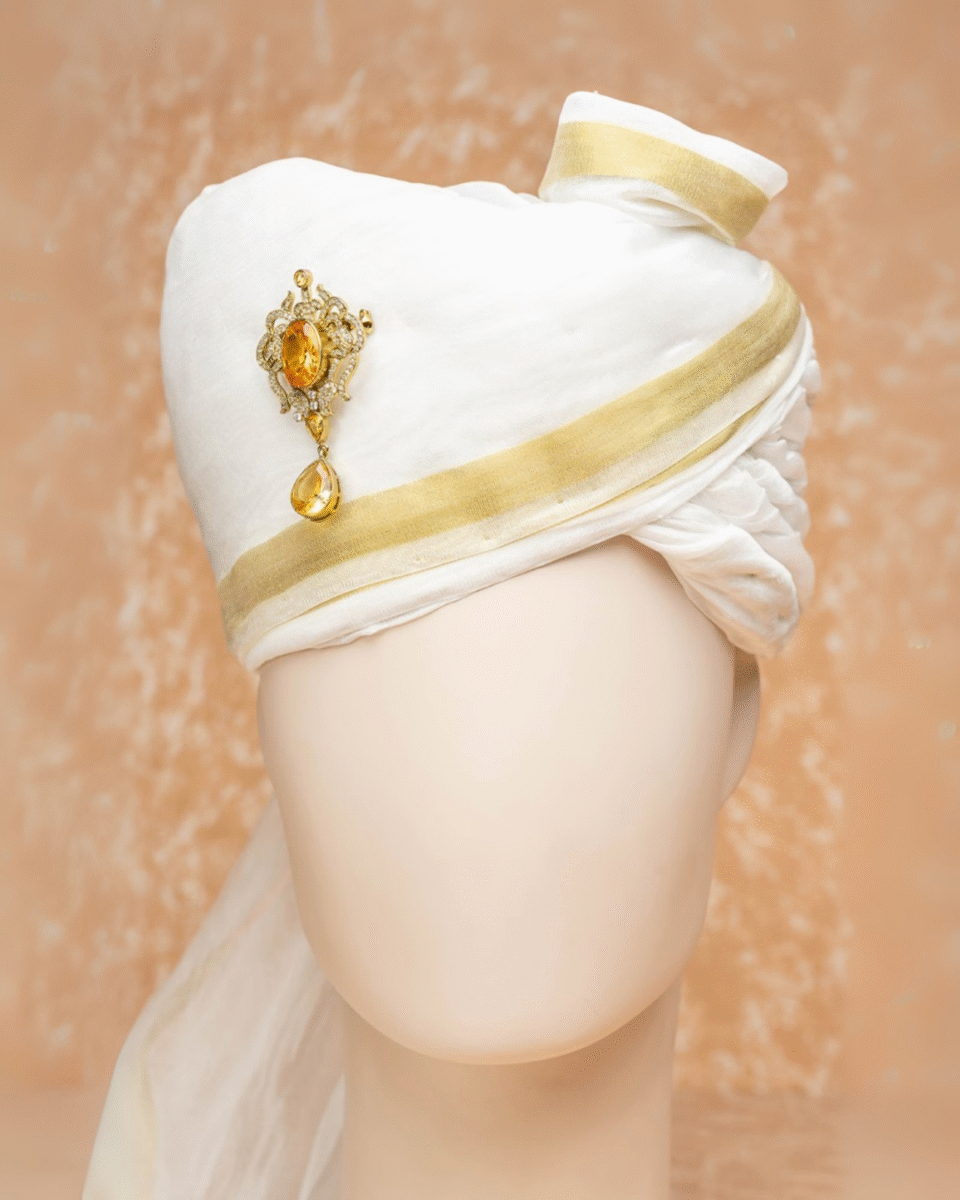 Ivory Gold Regal Feta Wedding Groom Safa Pagdi Turban with Brooch | Traditional Indian Wedding Accessory