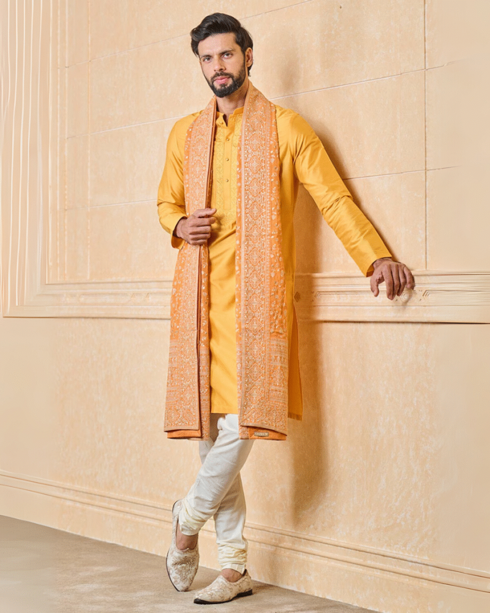 Safawala Mustard Yellow Feta Safa | Wedding Pagdi Turban with Embroidered Stole for Groom