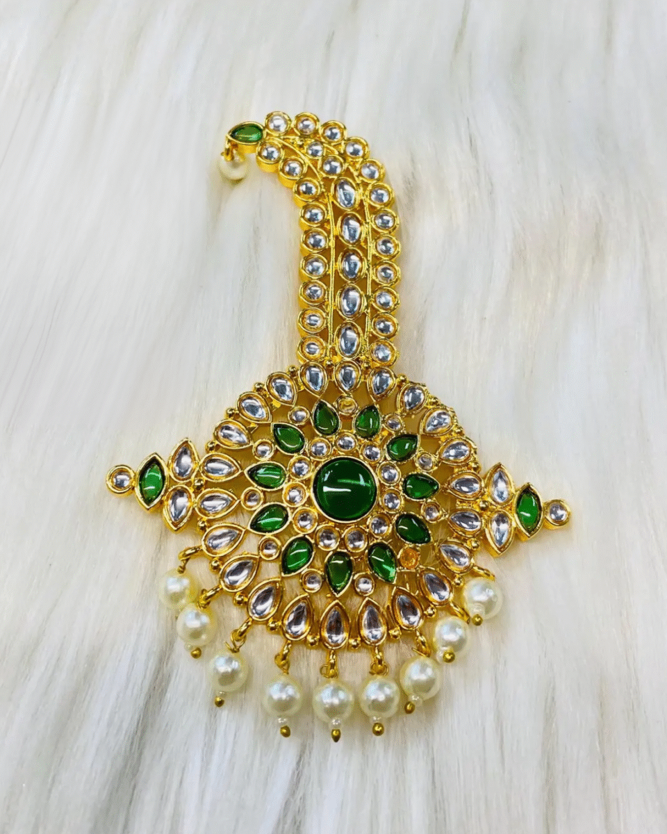 Safawala Green Kundan Pearl Drop Kalgi Royal Pin | Groom Turban Pagdi Sherwani Wedding Accessory