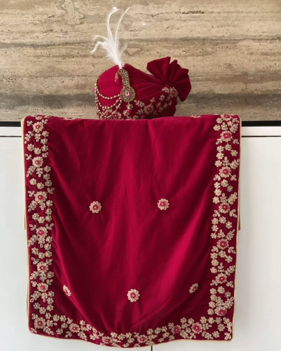 Ruby Red Feta Groom Safa Pagdi Turban with Embroidered Border & Pearl Chain | Traditional Indian Wedding Accessory