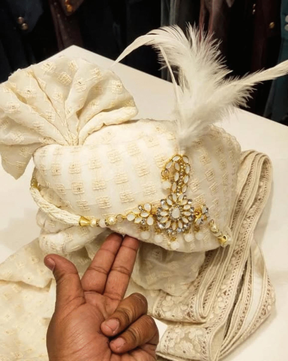 Ivory Gold Embroidered Feta Groom Safa Pagdi Turban with Pearl Brooch & Feather | Traditional Indian Wedding Accessory