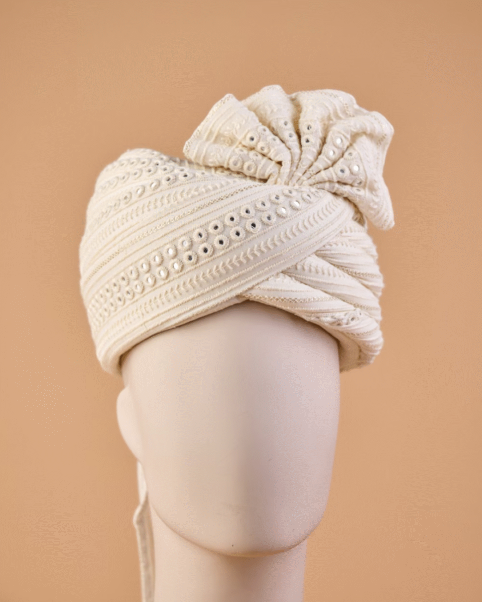 Off-White Wedding Barati Safa Pagdi Turban | Traditional Indian Guest Wedding Accessory