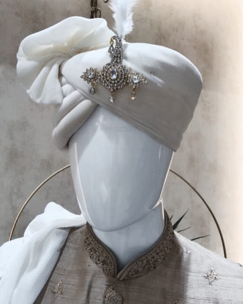 Ivory Satin Feta Groom Safa Pagdi Turban with Diamond Brooch | Traditional Indian Wedding Accessory