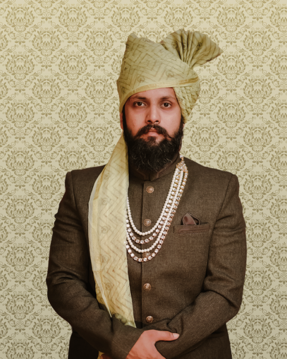 Olive Green Patterned Wedding Safa Pagdi Turban | Elegant Indian Groom & Guest Accessory