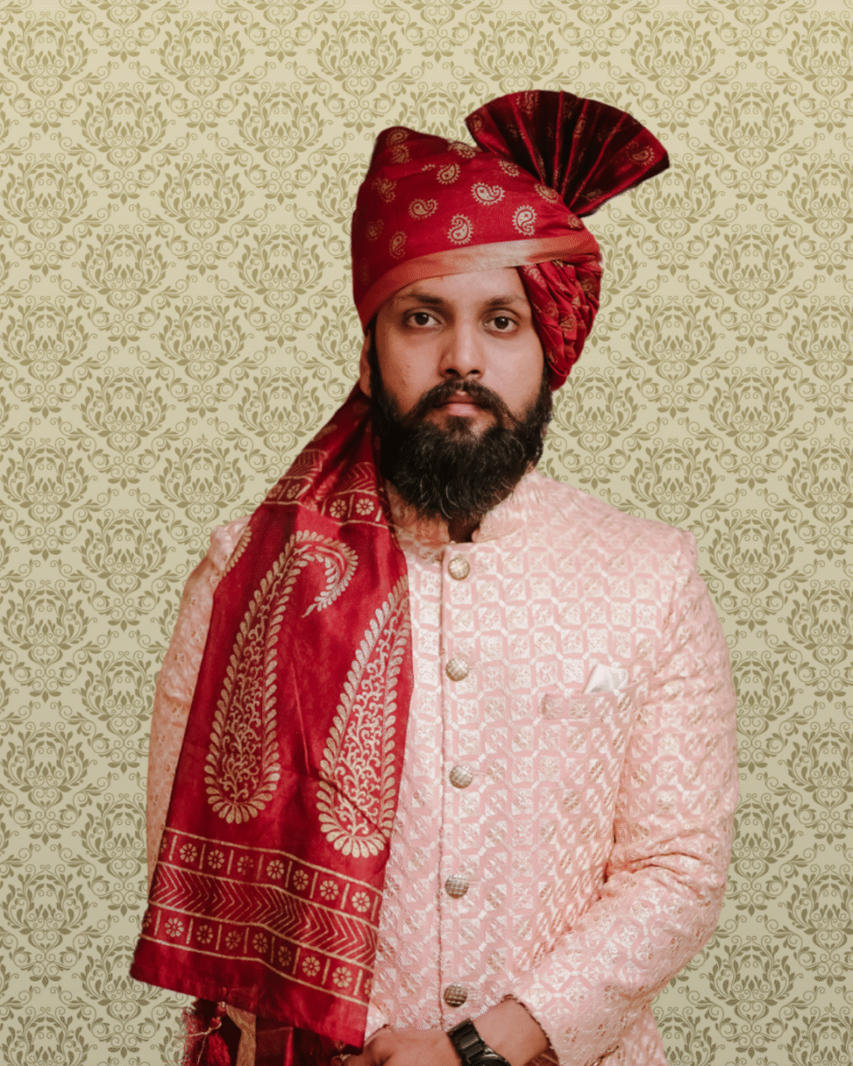 Red Bandhej Paisley Wedding Safa Pagdi Turban | Traditional Indian Groom & Guest Accessory