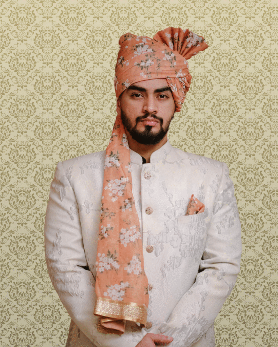 Peach Floral Wedding Safa Pagdi Turban | Elegant Indian Groom & Guest Accessory