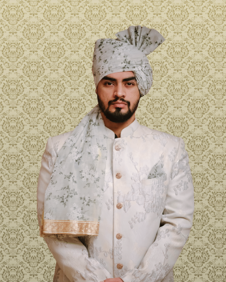 Grey Floral Wedding Safa Pagdi Turban | Elegant Indian Groom & Guest Accessory