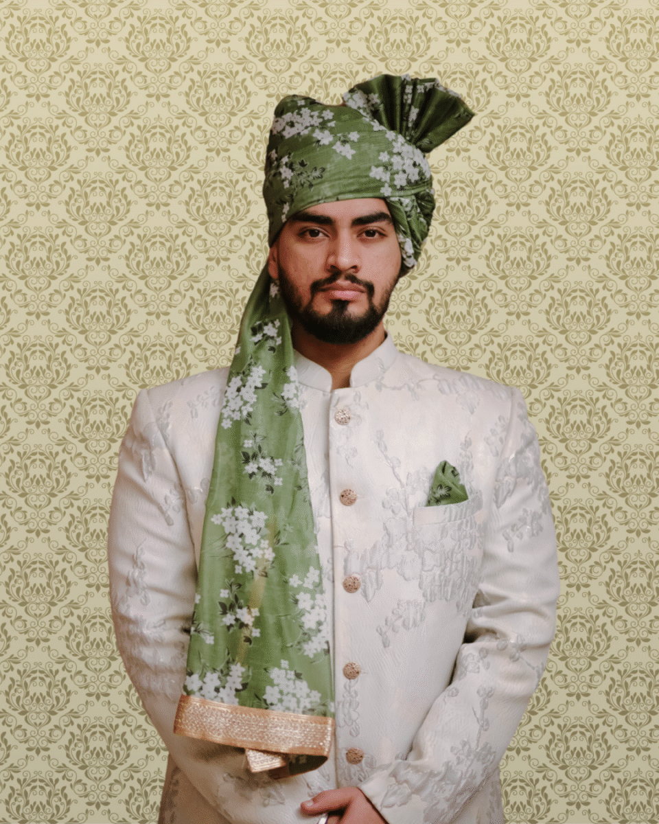 Mint Green Floral Safa Pagdi Turban | Traditional Indian Wedding Groom & Guest Accessory