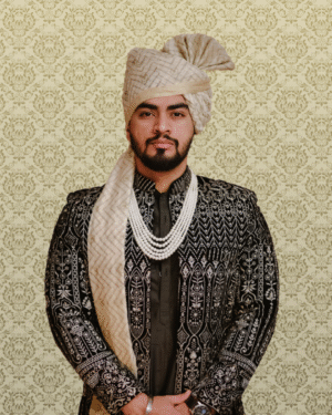 Champagne Gold Patterned Wedding Safa Pagdi Turban | Regal Indian Groom & Guest Accessory