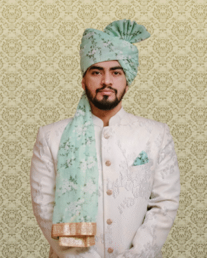 Mint Green Floral Wedding Safa Pagdi Turban with Gold Border | Elegant Indian Groom & Guest Accessory