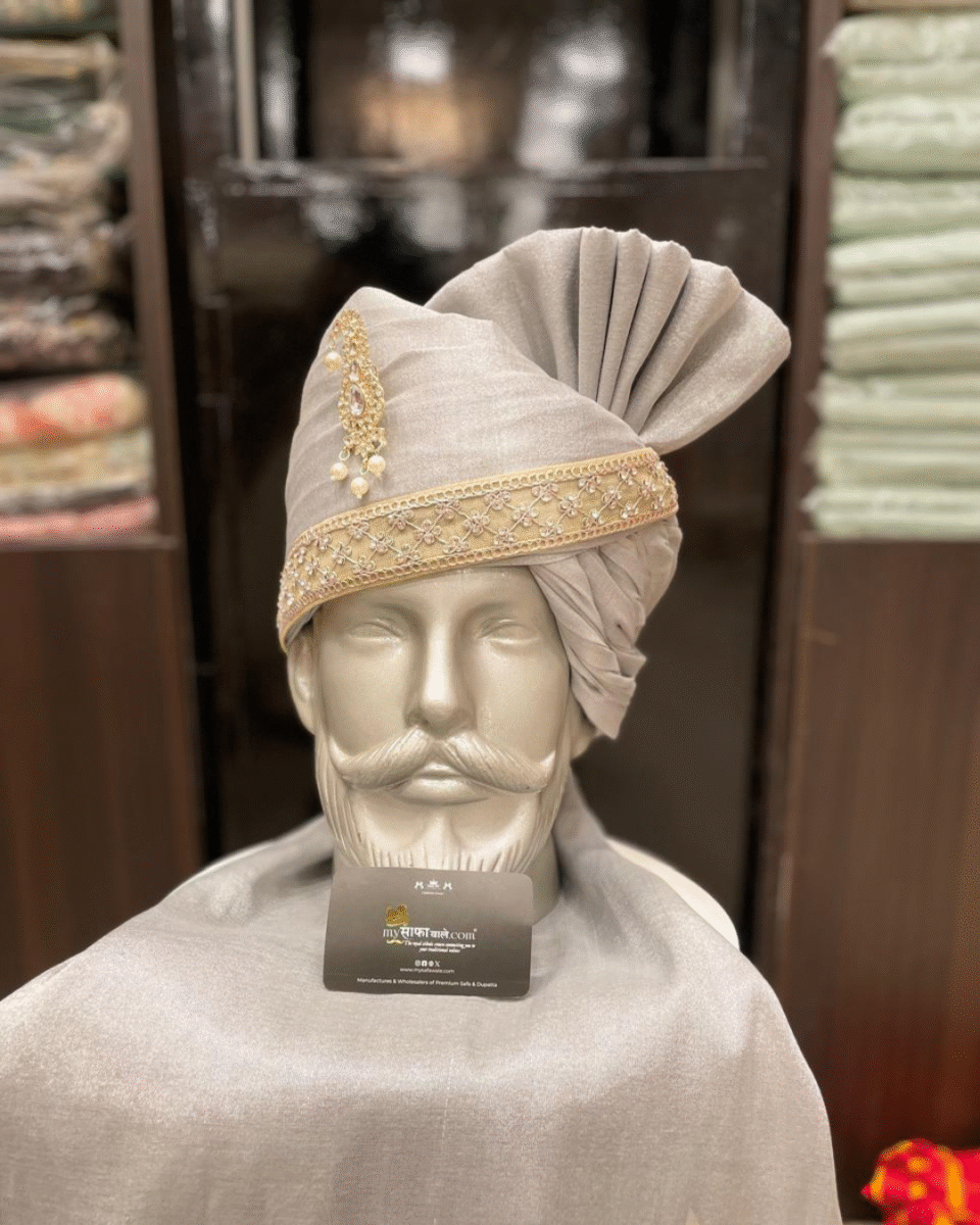 Silver Grey Wedding Safa Pagdi Turban with Gold Border | Elegant Indian Groom & Guest Accessory