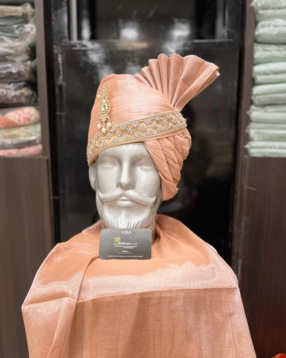 Peach Wedding Safa Pagdi Turban with Gold Border | Elegant Indian Groom & Guest Accessory