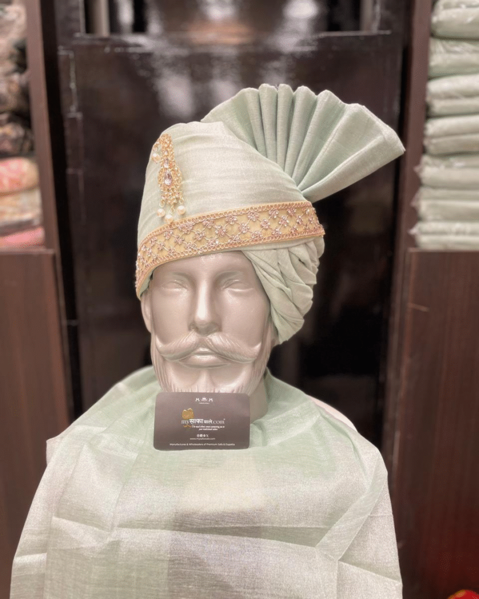 Mint Green Wedding Safa Pagdi Turban with Gold Border | Elegant Indian Groom & Guest Accessory