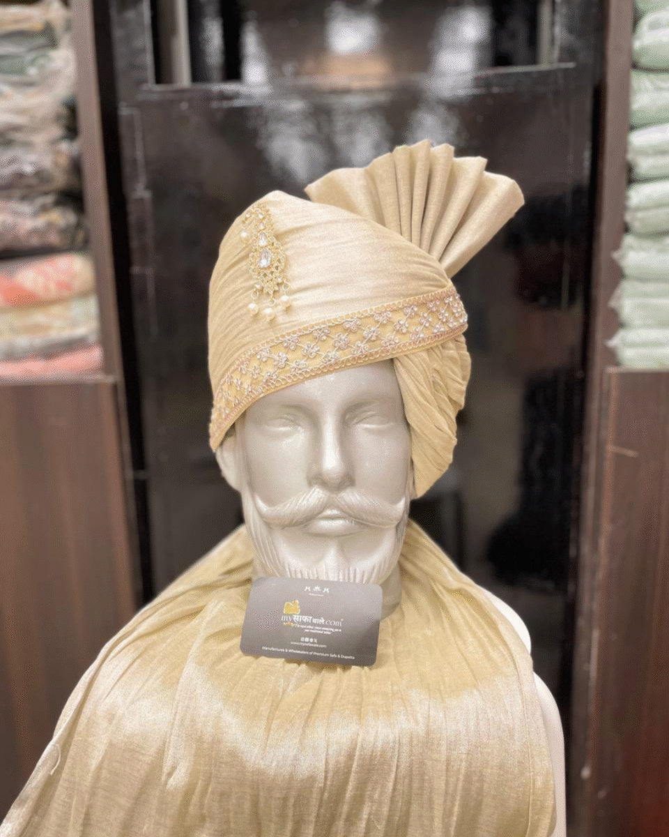 Champagne Gold Wedding Safa Pagdi Turban with Embellished Border | Regal Indian Groom & Guest Accessory