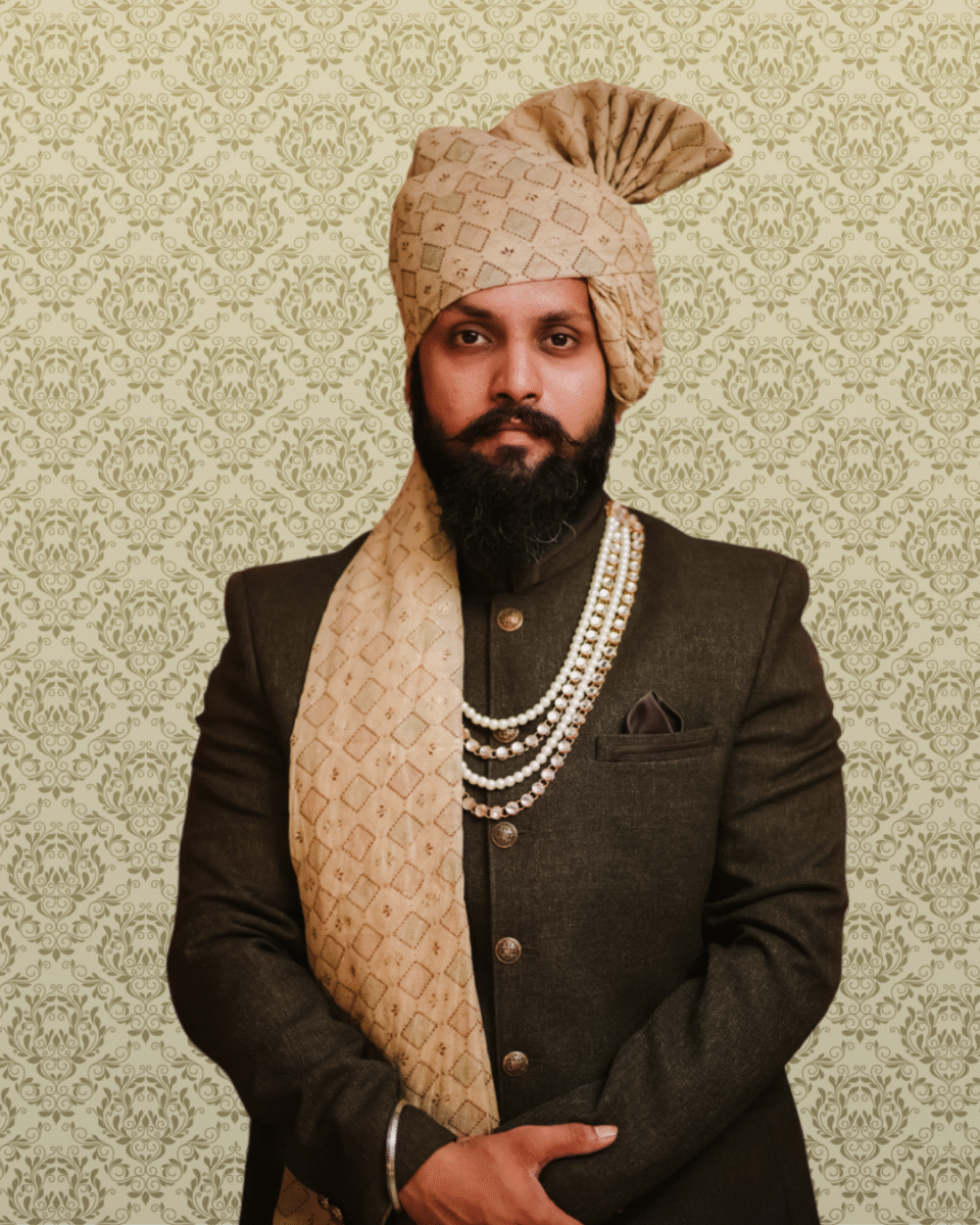 Beige Gold Printed Wedding Safa Pagdi Turban | Regal Indian Groom & Guest Accessory
